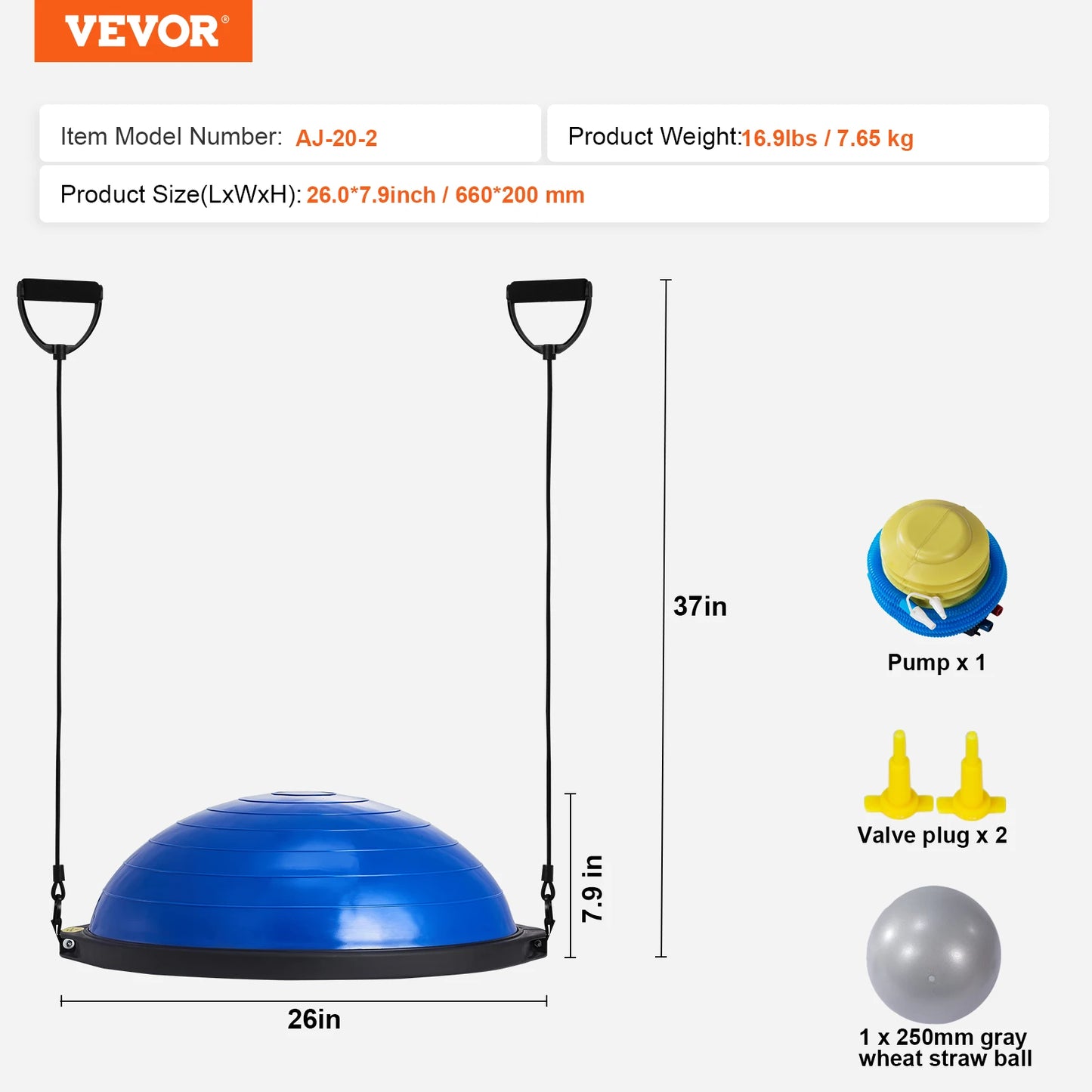 VEVOR 23/26 inch Half Exercise Ball Trainer Balance Ball Trainer 660lbs Capacity Stability Ball Yoga Ball with Resistance Bands