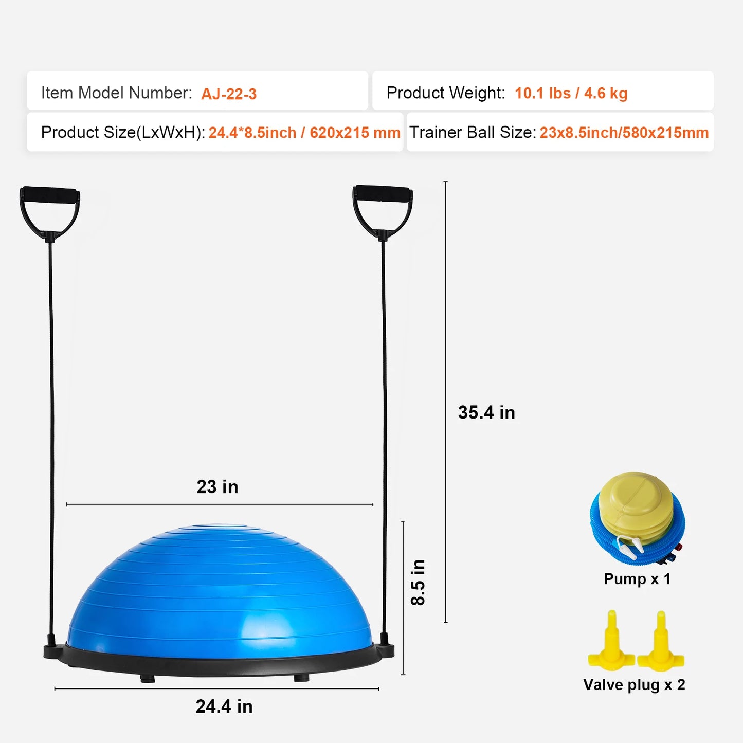 VEVOR 23/26 inch Half Exercise Ball Trainer Balance Ball Trainer 660lbs Capacity Stability Ball Yoga Ball with Resistance Bands