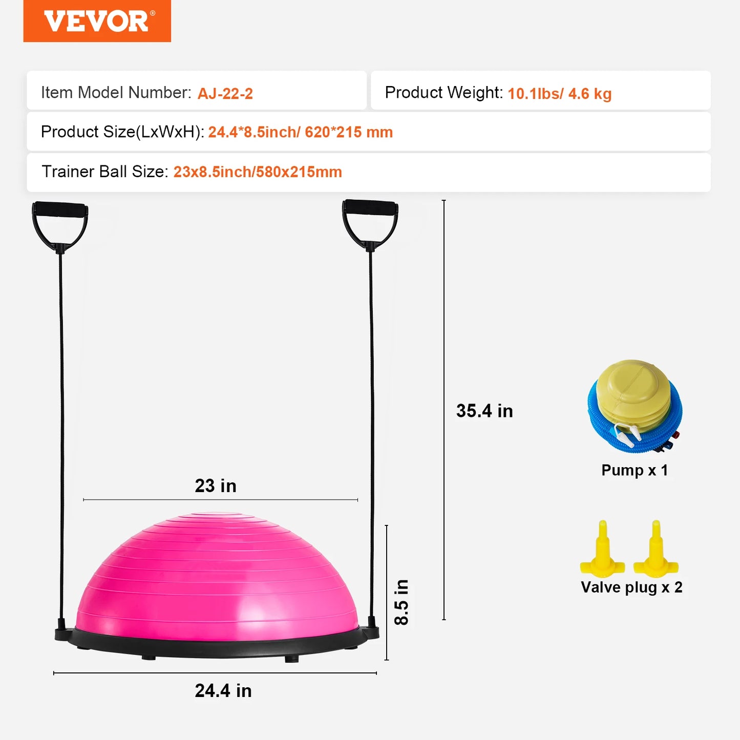 VEVOR 23/26 inch Half Exercise Ball Trainer Balance Ball Trainer 660lbs Capacity Stability Ball Yoga Ball with Resistance Bands